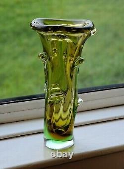 Vintage 60s Mstisov Moser Karlovarske Yellow Green Abstract Art Glass Vase 12.5