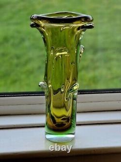 Vintage 60s Mstisov Moser Karlovarske Yellow Green Abstract Art Glass Vase 12.5