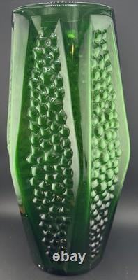 Vintage Art Deco Emerald Green Glass Geometric Pebble Panelled Body Vase