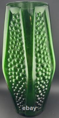 Vintage Art Deco Emerald Green Glass Geometric Pebble Panelled Body Vase