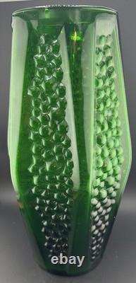 Vintage Art Deco Emerald Green Glass Geometric Pebble Panelled Body Vase