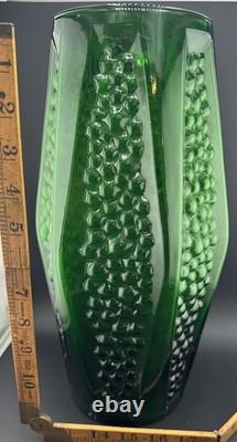 Vintage Art Deco Emerald Green Glass Geometric Pebble Panelled Body Vase