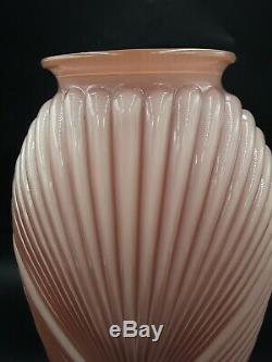 Vintage Art Deco Light Pink Colored Ribbed Pleated Glass Vase Large 12.75 tall