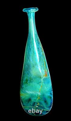 Vintage Art Glass Blue Green Oval Tear Drop Vase Vessel Heavy 15 Tall RARE