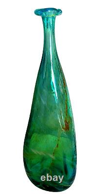 Vintage Art Glass Blue Green Oval Tear Drop Vase Vessel Heavy 15 Tall RARE