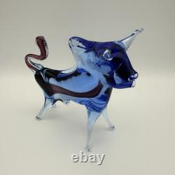 Vintage Art Glass Bull Blue Purple Murano Style 1960s/70s