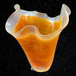 Vintage Art Glass Frosted Satin Handkerchief Clear Orange Swirls Vase 7T 7W