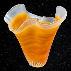 Vintage Art Glass Frosted Satin Handkerchief Clear Orange Swirls Vase 7T 7W