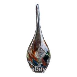 Vintage Art Glass Vase Skinny Brown Blue Flakes Tall Drop Glass Abstract MCM