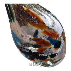 Vintage Art Glass Vase Skinny Brown Blue Flakes Tall Drop Glass Abstract MCM