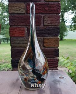 Vintage Art Glass Vase Skinny Brown Blue Flakes Tall Drop Glass Abstract MCM