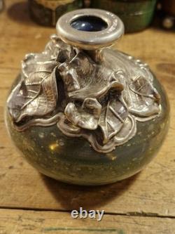 Vintage Art Nouveau Silver Overlay Green Art Glass Bud Vase approx 9cm