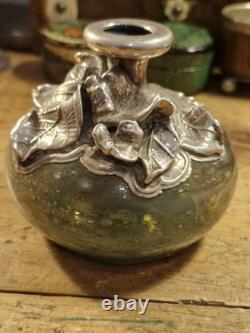 Vintage Art Nouveau Silver Overlay Green Art Glass Bud Vase approx 9cm