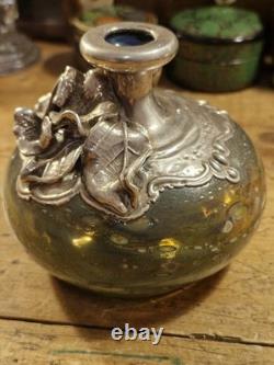 Vintage Art Nouveau Silver Overlay Green Art Glass Bud Vase approx 9cm