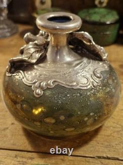 Vintage Art Nouveau Silver Overlay Green Art Glass Bud Vase approx 9cm