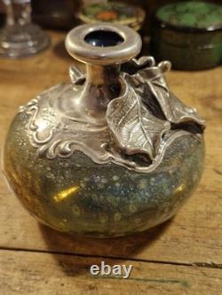 Vintage Art Nouveau Silver Overlay Green Art Glass Bud Vase approx 9cm