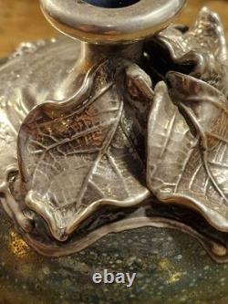 Vintage Art Nouveau Silver Overlay Green Art Glass Bud Vase approx 9cm