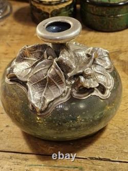 Vintage Art Nouveau Silver Overlay Green Art Glass Bud Vase approx 9cm