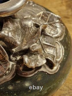 Vintage Art Nouveau Silver Overlay Green Art Glass Bud Vase approx 9cm