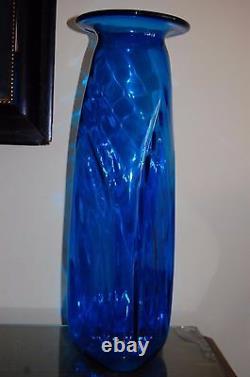 Vintage Blenko Art Glass Huge Blue Vase Hand Blown By Joel Myers 1960's