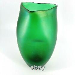 Vintage Bohemian Art Glass Emerald Green Satin Glass Iridescent Pinched Vase