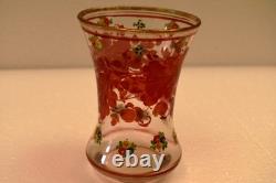 Vintage Bohemian Hand Painted Floral Art Glass Vase 4.5 Tall Clear Enamel DecR