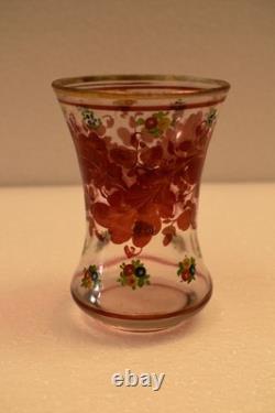 Vintage Bohemian Hand Painted Floral Art Glass Vase 4.5 Tall Clear Enamel DecR
