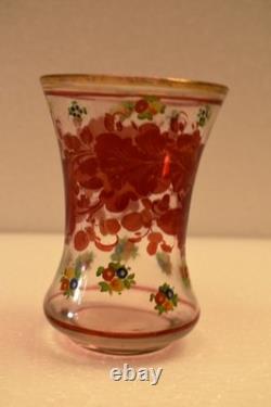 Vintage Bohemian Hand Painted Floral Art Glass Vase 4.5 Tall Clear Enamel DecR