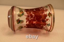 Vintage Bohemian Hand Painted Floral Art Glass Vase 4.5 Tall Clear Enamel DecR