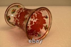 Vintage Bohemian Hand Painted Floral Art Glass Vase 4.5 Tall Clear Enamel DecR