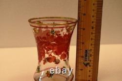 Vintage Bohemian Hand Painted Floral Art Glass Vase 4.5 Tall Clear Enamel DecR