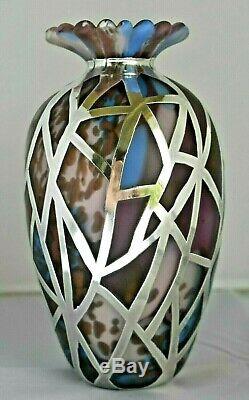 Vintage Britannia 95.8 Sterling Silver Overlay Art Glass STRICKETT & LODER Vase