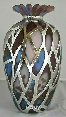 Vintage Britannia 95.8 Sterling Silver Overlay Art Glass STRICKETT & LODER Vase