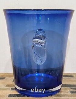 Vintage Cobalt Blue Hand Blown Art Glass Bar Ware Ice Bucket