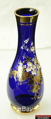 Vintage Czech Bohemian Cobalt Blue Art Glass Vase Gold Gilt Floral Applique