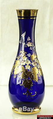 Vintage Czech Bohemian Cobalt Blue Art Glass Vase Gold Gilt Floral Applique