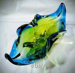Vintage Czech Bohemian Decorative Bowl Green Blue Glass Hand Blown