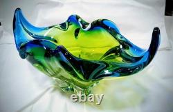 Vintage Czech Bohemian Decorative Bowl Green Blue Glass Hand Blown