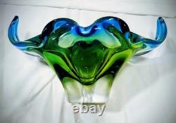 Vintage Czech Bohemian Decorative Bowl Green Blue Glass Hand Blown