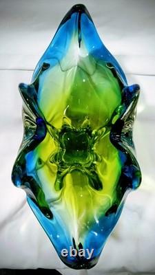 Vintage Czech Bohemian Decorative Bowl Green Blue Glass Hand Blown