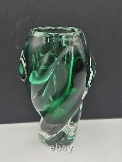 Vintage Emerald Sommerso Japanese Art Glass Vase 10 Inch Tall Twisted