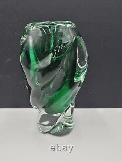 Vintage Emerald Sommerso Japanese Art Glass Vase 10 Inch Tall Twisted