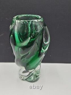 Vintage Emerald Sommerso Japanese Art Glass Vase 10 Inch Tall Twisted