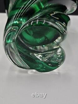 Vintage Emerald Sommerso Japanese Art Glass Vase 10 Inch Tall Twisted