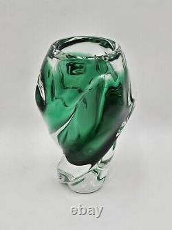 Vintage Emerald Sommerso Japanese Art Glass Vase 10 Inch Tall Twisted