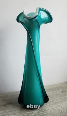 Vintage Empoli Cristalleria Fratelli Betti Teal White Cased 15 Art Glass Vase