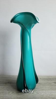 Vintage Empoli Cristalleria Fratelli Betti Teal White Cased 15 Art Glass Vase