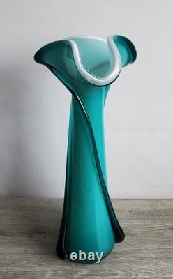 Vintage Empoli Cristalleria Fratelli Betti Teal White Cased 15 Art Glass Vase