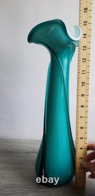 Vintage Empoli Cristalleria Fratelli Betti Teal White Cased 15 Art Glass Vase
