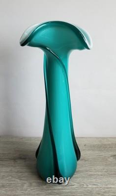 Vintage Empoli Cristalleria Fratelli Betti Teal White Cased 15 Art Glass Vase